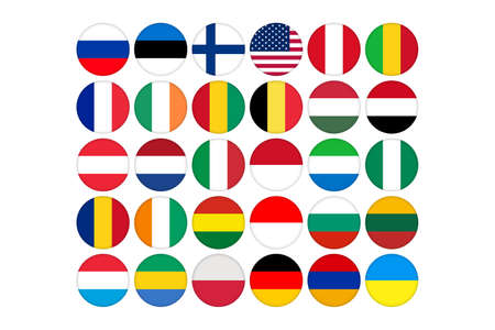 World circular flags collection. Big set. 30 high quality clean round icons, badge or button. Correct color scheme. National symbol. Template design, vector illustration.のイラスト素材