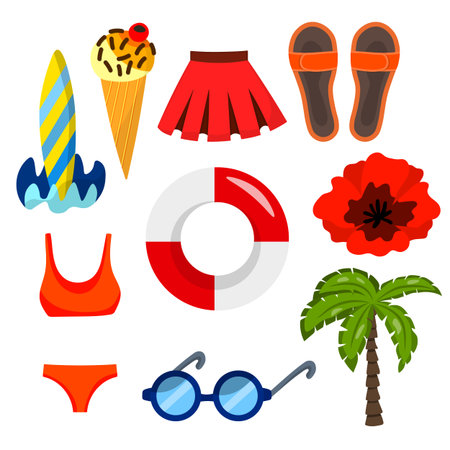 Summer set with colorful icons isolated on white background. Cartoon style. Design for posters,...