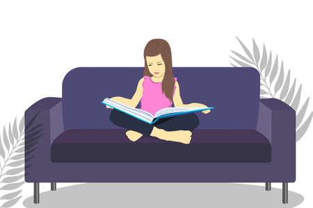 Little girl reads a book and sits on a sofa. Distance learning. Home education. School girl girl doing homework. Child with a book in her hands. Bookcrossing.のイラスト素材
