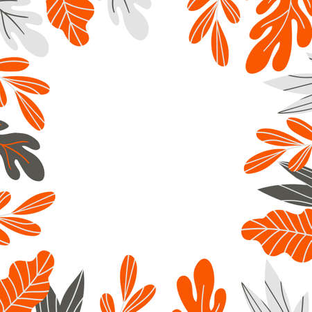 Floral frame with colorful exotic branches on white background. Ornate border with tropic leaves. Vector stock illustration for wallpaper, posters, card. Doodle style. Copy space.のイラスト素材