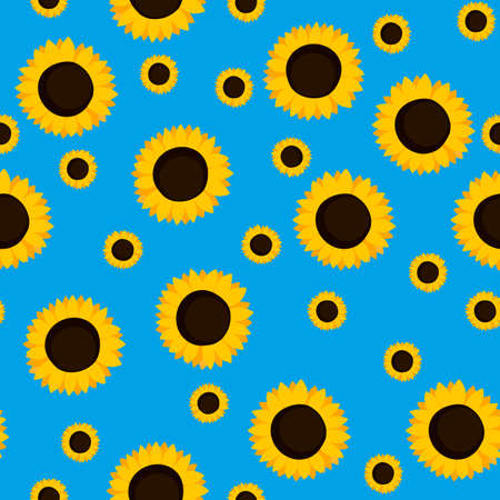 Summer colorful seamless pattern with orange sunflowers on blue background. Cartoon style.  Beauty flowers. Vector illustration.のイラスト素材