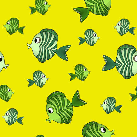 Seamless pattern with cute fish on yellow background. Vector cartoon animals colorful illustration. Adorable character for cards, wallpaper, textile, fabric. Flat style.のイラスト素材