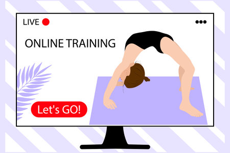 Home sport. Yoga home. Online training. Young girl gymnast exercise sport athlete. Training performance strength gymnastics. Acrobatic gymnastics. Fitness Women. Flat vector illustration.のイラスト素材