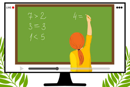 Child home education. Online learning. Schooling. Communication in internet. Teaching worldwide. Pupil girl does his hometask on the desk. Video conferencing. Flat illustration.のイラスト素材