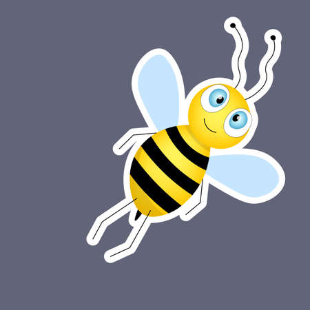 Cartoon cute bee mascot, sticker. Bee flies. Small wasp. Vector insect icon. Template design for invitation, cards, wallpaper, kindergarten. Doodle styleのイラスト素材