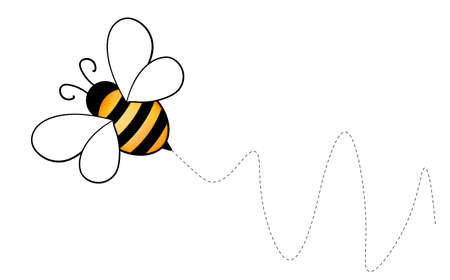 Set of cartoon bee mascot. A small bees flying on a dotted route. Wasp collection. Vector characters. Incest icon. Template design for invitation, cards. Doodle styleのイラスト素材
