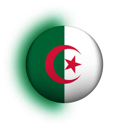 Glass light ball with flag of Algeria. Round sphere, template icon. Algerian national symbol. Glossy realistic ball, 3D abstract vector illustration highlighted on a white background. Big bubbleのイラスト素材