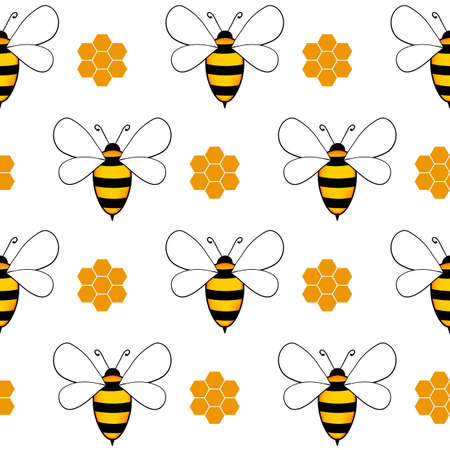 Seamless pattern with bees and honeycombs on white background. Small wasp. Vector illustration. Adorable cartoon character. Template design for invitation, cards, textile, fabric. Doodle styleのイラスト素材
