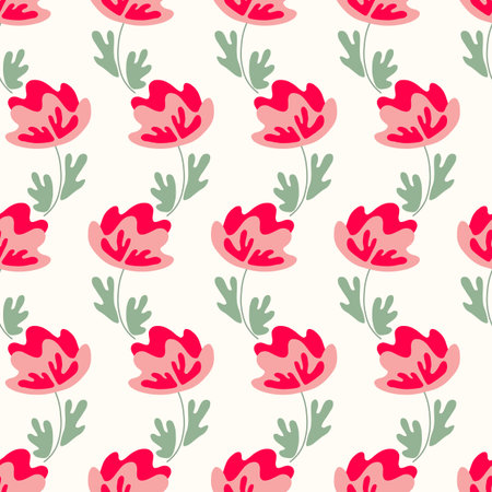 Seamless floral pattern based on traditional folk art ornaments. Colorful flowers on light background. Scandinavian style. Sweden nordic style. Vector illustration. Simple minimalistic patternのイラスト素材