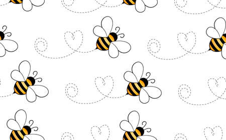 Seamless pattern with bees on white background. Small wasp. Vector illustration. Adorable cartoon character. Template design for invitation, cards, textile, fabric. Doodle styleのイラスト素材