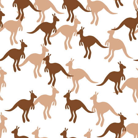 Vector flat illustration with silhouette kangaroo and baby kangaroo. Seamless pattern on white background. Design for card, poster, fabric, textile. Pray for Australia and animalsのイラスト素材