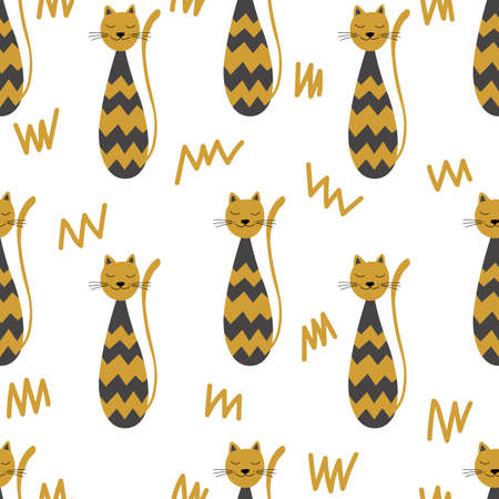 Vector flat illustration with silhouette cute cat. Seamless trendy pattern in scandinavian style on white background. Design for card, poster, fabric, textileのイラスト素材