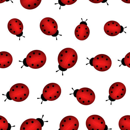 Fashion animal seamless pattern with colorful ladybird on white background. Cute holiday illustration with ladybags for baby. Design for invitation, poster, card, fabric, textileの写真素材
