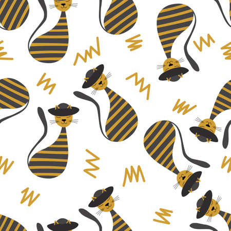 Vector flat illustration with silhouette cute cat. Seamless trendy pattern in scandinavian style on white background. Design for card, poster, fabric, textileのイラスト素材