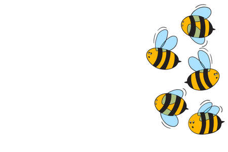 Cartoon cute bee mascot. Merry bee with an empty table. Small wasp. Vector character. Insect icon. Holiday template design for invitation, cards, wallpaper, school, kindergarten. Copy spaceのイラスト素材