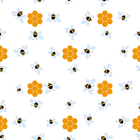 Seamless pattern with bees and honeycombs on white background. Small wasp. Vector illustration. Adorable cartoon character. Template design for invitation, cards, textile, fabric. Doodle styleのイラスト素材
