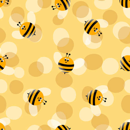 Seamless pattern with bees on color background. Small wasp. Vector illustration. Adorable cartoon character. Template design for invitation, cards, textile, fabric. Doodle styleのイラスト素材