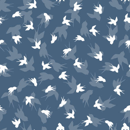 Seamless pattern with white swallow silhouette on blue background. Cute bird in flight. Vector illustration. Doodle style. Design for invitation, poster, card, fabric, textileのイラスト素材