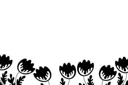 Floral frame based on traditional folk art ornaments. Black and white background. Ornate border with flowers. Vector illustration for wallpaper, posters, card. Scandinavian style. Copy spaceのイラスト素材