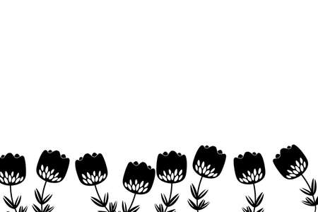 Floral frame based on traditional folk art ornaments. Black and white background. Ornate border with flowers. Vector illustration for wallpaper, posters, card. Scandinavian style. Copy spaceのイラスト素材