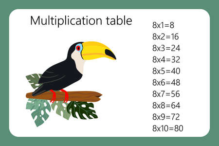 Multiplication Square. School vector illustration with toucan bird. Multiplication Table. Poster for kids education. Maths child cardのイラスト素材