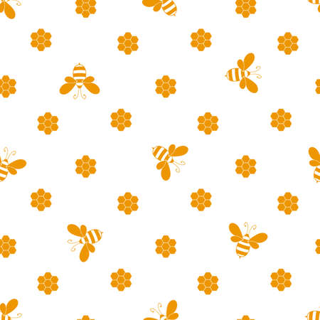 Seamless pattern with bees and honeycombs on white background. Small wasp. Vector illustration. Adorable cartoon character. Template design for invitation, cards, textile, fabric. Doodle styleのイラスト素材