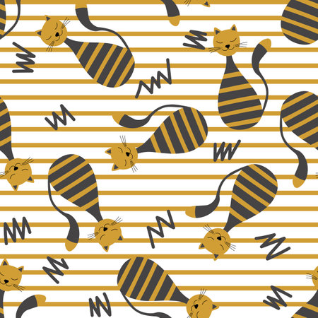 Vector flat illustration with silhouette cute cat. Seamless trendy pattern in scandinavian style on white striped background. Design for card, poster, fabric, textileのイラスト素材