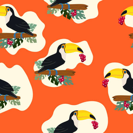 Seamless pattern with cute cartoon toucan bird on branch. Vector illustration for wallpaper, fabric, textile. Summer exotic print. Tropical toucan with floral monstera leavesのイラスト素材