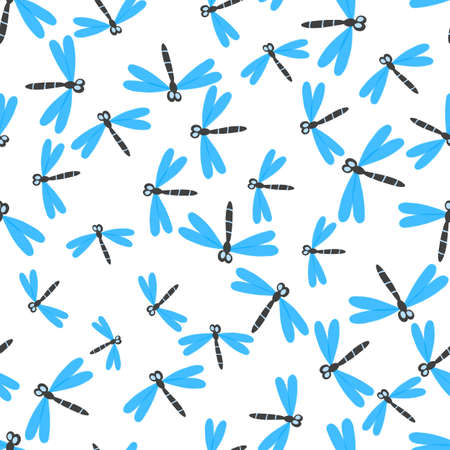 Seamless pattern with color dragonfly on white background. Romantic vector illustration. Adorable cartoon character. Template design for invitation, textile, fabric. Doodle styleのイラスト素材