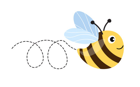 Bee cartoon mascot. A small bees flying on a dotted route. Wasp collection. Vector characters. Incest icon. Template design for invitation, cards. Doodle styleのイラスト素材