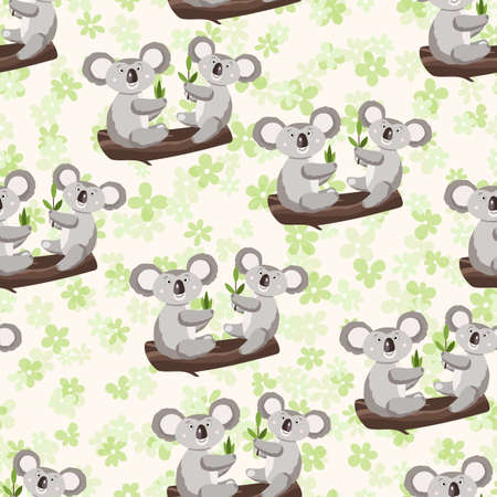 Seamless pattern with cute koala baby and flowers on color background. Funny australian animals. Card, postcards for kids. Flat vector illustration for fabric, textile, wallpaper, poster, paperのイラスト素材