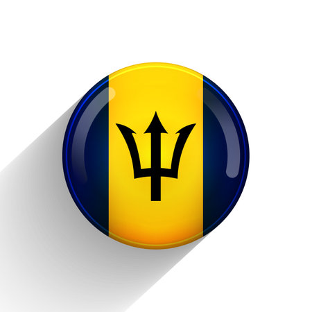 Glass light ball with flag of Barbados. Round sphere, template icon. National symbol. Glossy realistic ball, 3D abstract vector illustration highlighted on a white background. Big bubbleのイラスト素材