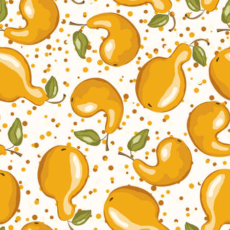 Seamless pattern with pear on polka dots background. Natural delicious fresh ripe tasty fruit. Vector illustration for print, fabric, textile, banner. Stylized pears with leaves. Food conceptのイラスト素材