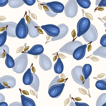 Seamless pattern with plum on white background. Natural delicious fresh ripe tasty fruit. Vector illustration for print, fabric, textile, banner, other design. Stylized plums with leaves.Food conceptのイラスト素材