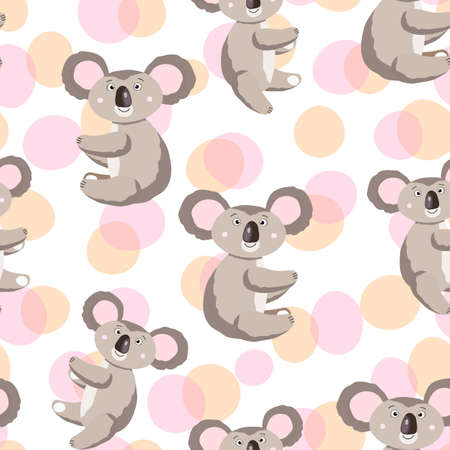 Seamless pattern with cute koala baby on color background. Funny australian animals. Card, postcards for kids. Flat vector illustration for fabric, textile, wallpaper, poster, gift wrapping paper.のイラスト素材