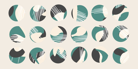 Trendy social media round cover design, social network stories and post, mobile apps, design. Template icons with doodle elements. Set of various vector highlight covers, mockup for advertisingのイラスト素材