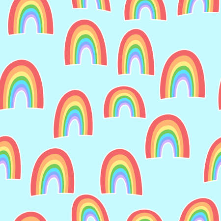 Trendy seamless pattern with colorful rainbow on color background. Design for invitation, poster, card, fabric, textile, fabric. Cute holiday illustration for baby. Doodle styleのイラスト素材