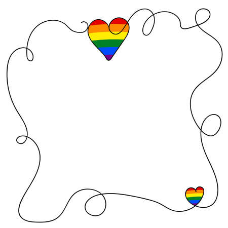 Flag LGBT icon, decorative frame, hand drow border with hearts. Template design, vector illustration. Love wins. LGBT symbol in rainbow colors. Gay pride collection. Copy spaceのイラスト素材