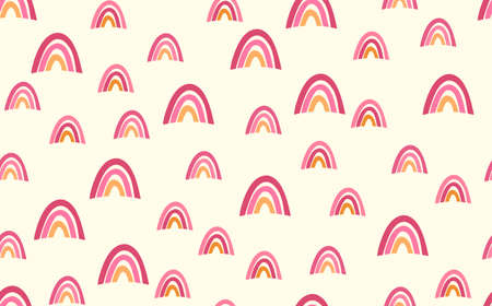 Trendy seamless pattern with colorful rainbow on color background. Design for invitation, poster, card, fabric, textile, fabric. Cute holiday illustration for baby. Doodle styleのイラスト素材