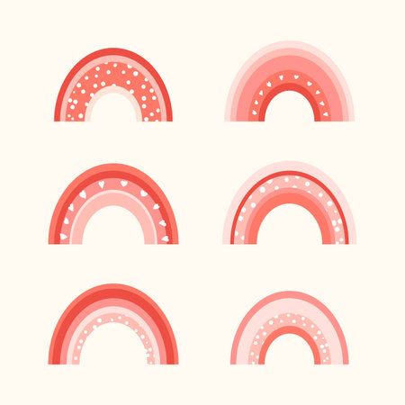 Trendy isolated colorful hand drawn rainbows. Design for invitation, poster, card, fabric. Cute abstract holiday rainbow illustration for baby. Scandinavian doodle styleのイラスト素材