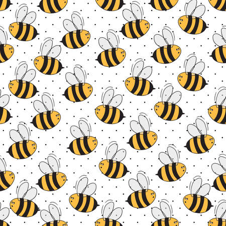 Seamless pattern with bees on white polka dots background. Small wasp. Vector illustration. Adorable cartoon character. Template design for invitation, cards, textile, fabric. Doodle styleのイラスト素材