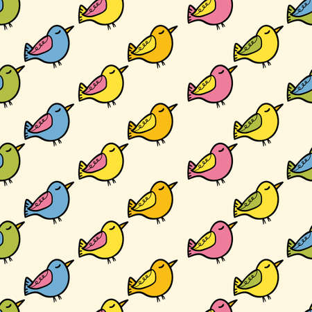Seamless pattern with funny colorful birds. Color flat vector illustration with little cartoon bird. Cute characters. Template design for invitation, poster, card, flyer, textile, fabric for kidsのイラスト素材
