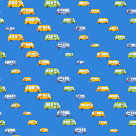 Seamless pattern with cute bus, car on color background. Cartoon transport. Vector illustration. Doodle style. Design for baby print, invitation, poster, card, fabric, textileのイラスト素材