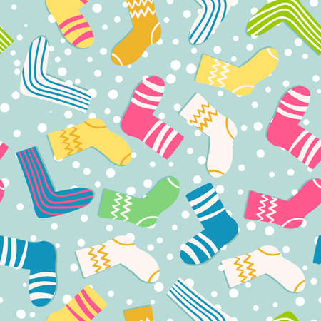 Seamless pattern with modern colorful socks. Trendy accessories in doodle style. Various cotton foot cloth. Cartoon socks for web and print, for invitation, card, fabric, textile. Vector illustrationのイラスト素材