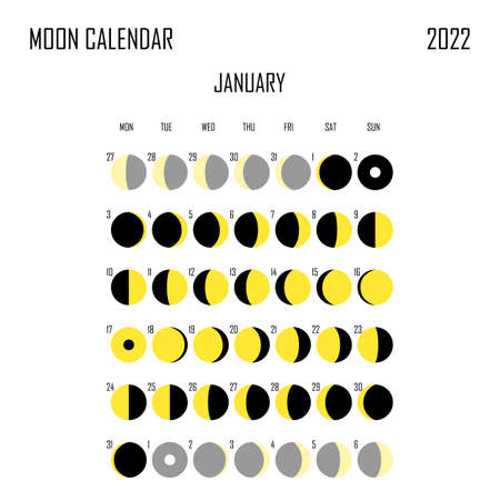 January 2022 Moon calendar. Astrological calendar design. planner. Place for stickers. Month cycle planner mockup. Isolated black and white backgroundのイラスト素材
