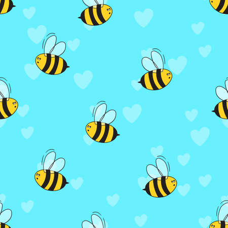 Seamless pattern with bees and hearts on color background. Small wasp. Vector illustration. Adorable cartoon character. Template design for invitation, cards, textile, fabric. Doodle style.のイラスト素材