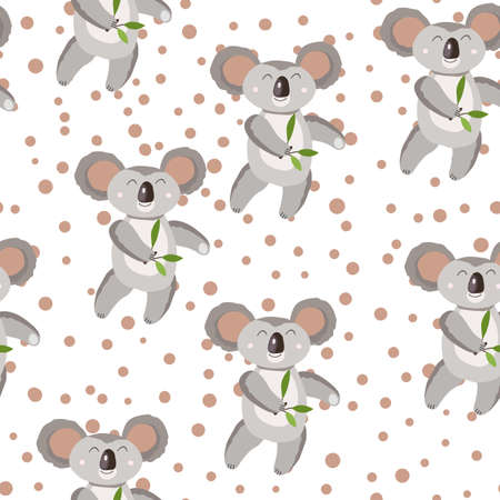 Seamless pattern with cute koala baby and hearts on white polka dots background. Funny australian animals. Card, postcards for kids. Flat vector illustration for fabric, textile, poster, paperのイラスト素材