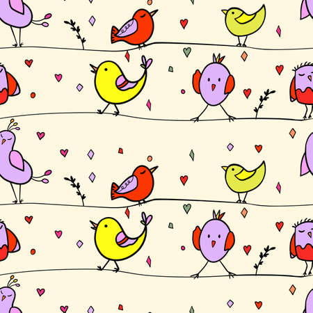 Seamless pattern with funny colorful birds sitting on wires. Color flat vector illustration with little cartoon bird. Cute characters. Template design for invitation, flyer, textile, fabric for kidsのイラスト素材