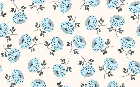 Seamless floral pattern based on traditional folk art ornaments. Colorful flowers on light background. Scandinavian style. Sweden nordic style. Vector illustration. Simple minimalistic patternのイラスト素材
