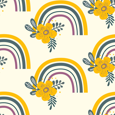 Trendy seamless pattern with colorful rainbow, flowers on color background. Design for invitation, poster, card, fabric, textile, fabric. Cute holiday illustration for baby. Scandinavian doodle styleのイラスト素材